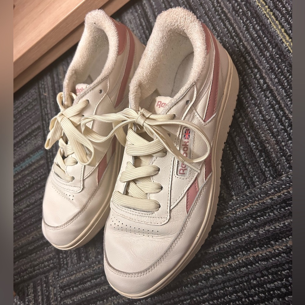 Reebok Club C Revenge Women's Cream and Pink Sneakers (size 11).
